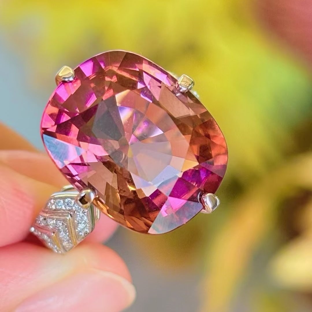 14k Gold 12.45 Ct Natural Tourmaline & Diamond Ring: Ref:230999186 // gold content:14k gold // ring size:7. 25us // // main gemstone:tourmaline // shape:cushion // carat weight:12. 45ct // color:pink // treatment:natural // // adjacent gemstone 2 : diam