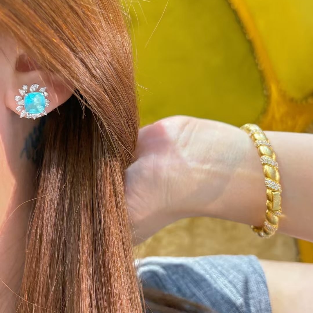 14k Gold 4.02 Ct Natural Paraiba Tourmaline & Diamond Earrings - 2