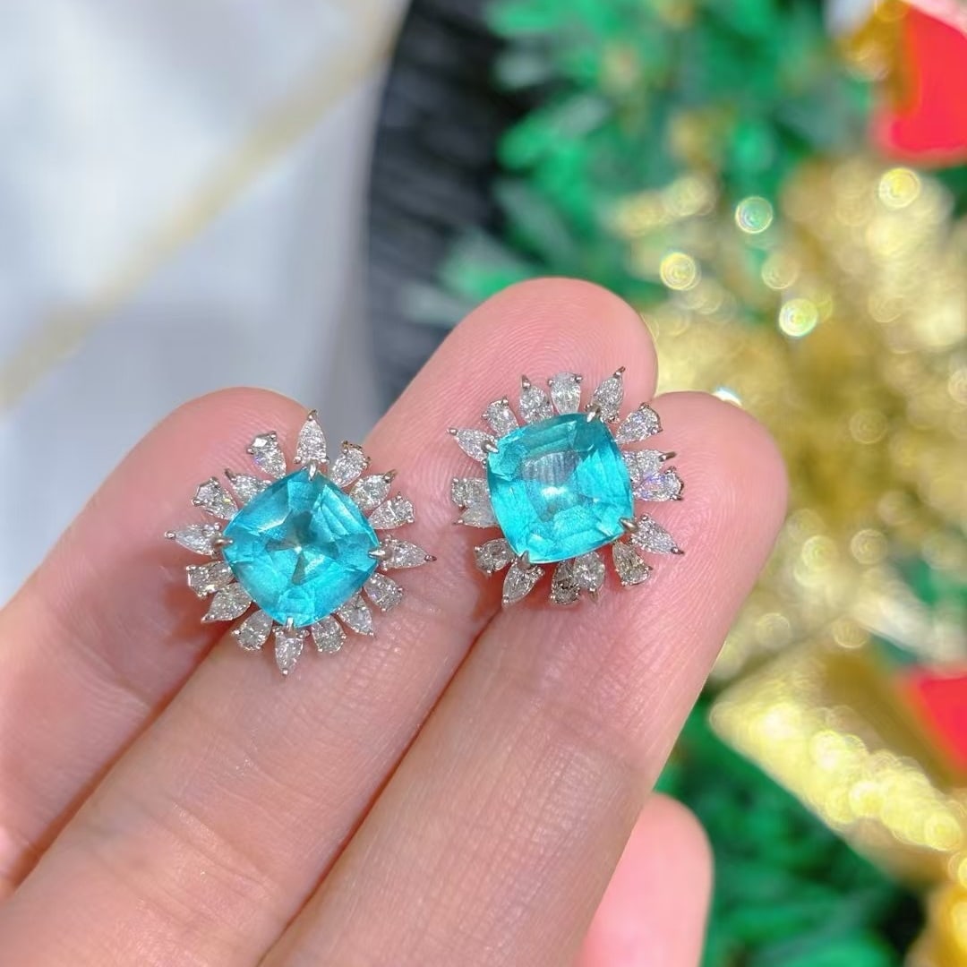 14k Gold 4.02 Ct Natural Paraiba Tourmaline & Diamond Earrings - 3