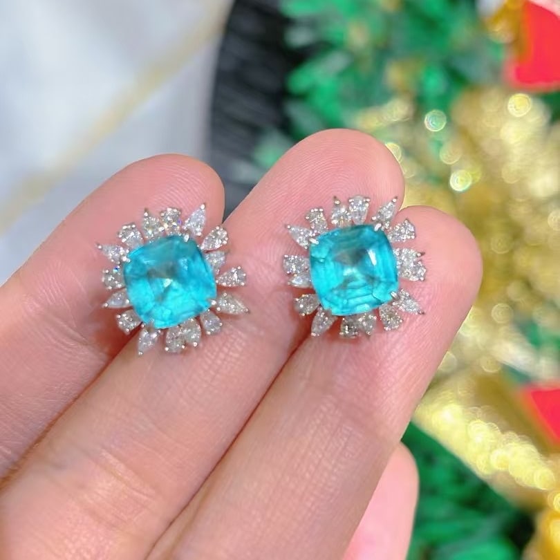 14k Gold 4.02 Ct Natural Paraiba Tourmaline & Diamond Earrings - 4