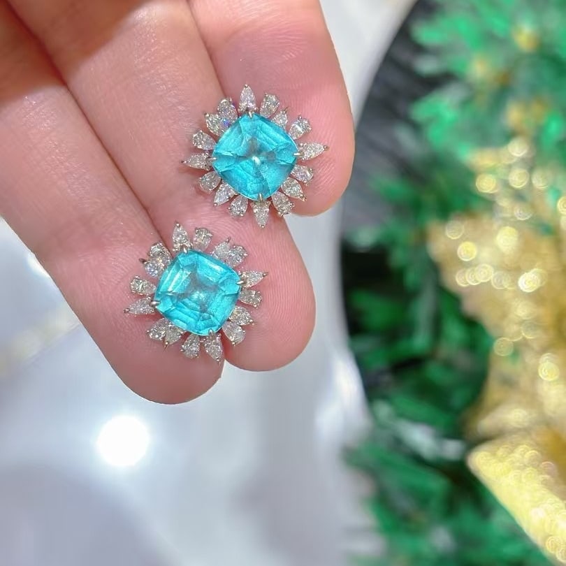 14k Gold 4.02 Ct Natural Paraiba Tourmaline & Diamond Earrings - 5