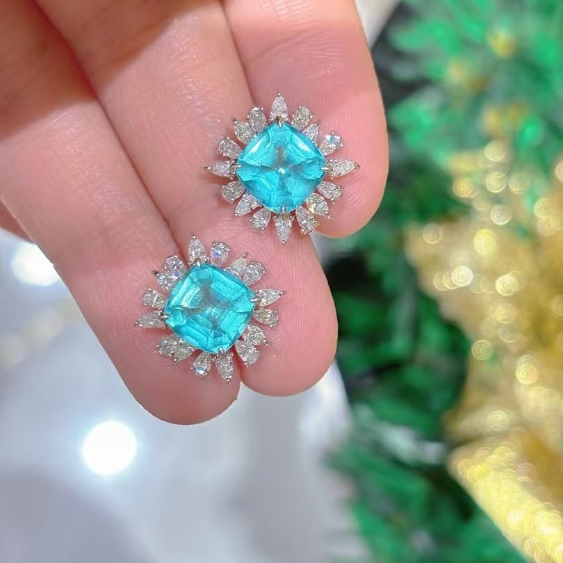 14k Gold 4.02 Ct Natural Paraiba Tourmaline & Diamond Earrings - 6