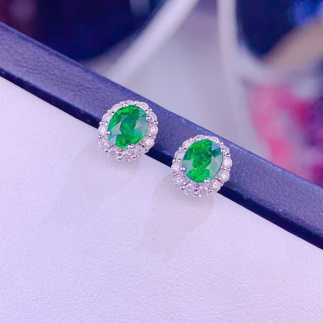 14k Gold 1.5 Ct Vivid Green Natural Tsavorite & Diamond Earrings - 2