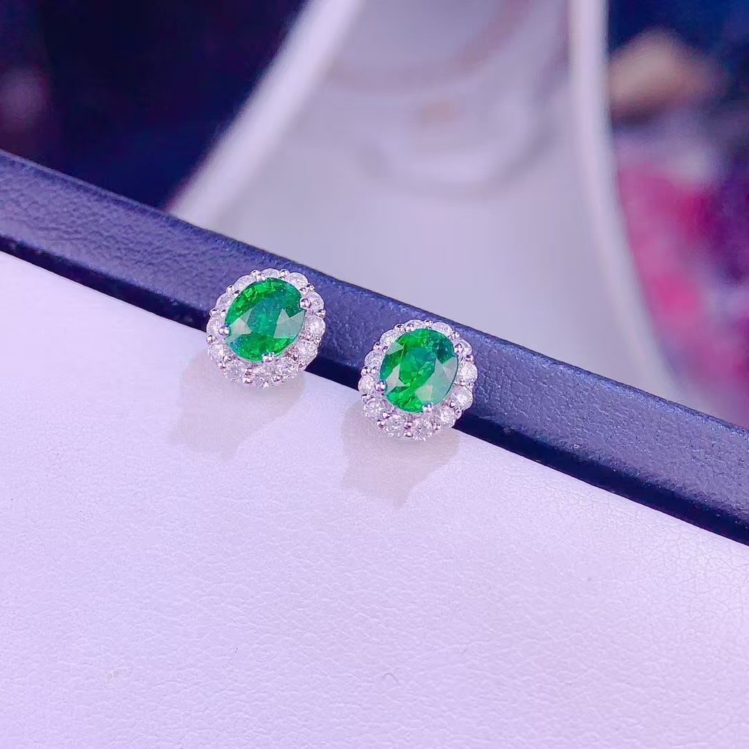 14k Gold 1.5 Ct Vivid Green Natural Tsavorite & Diamond Earrings - 5