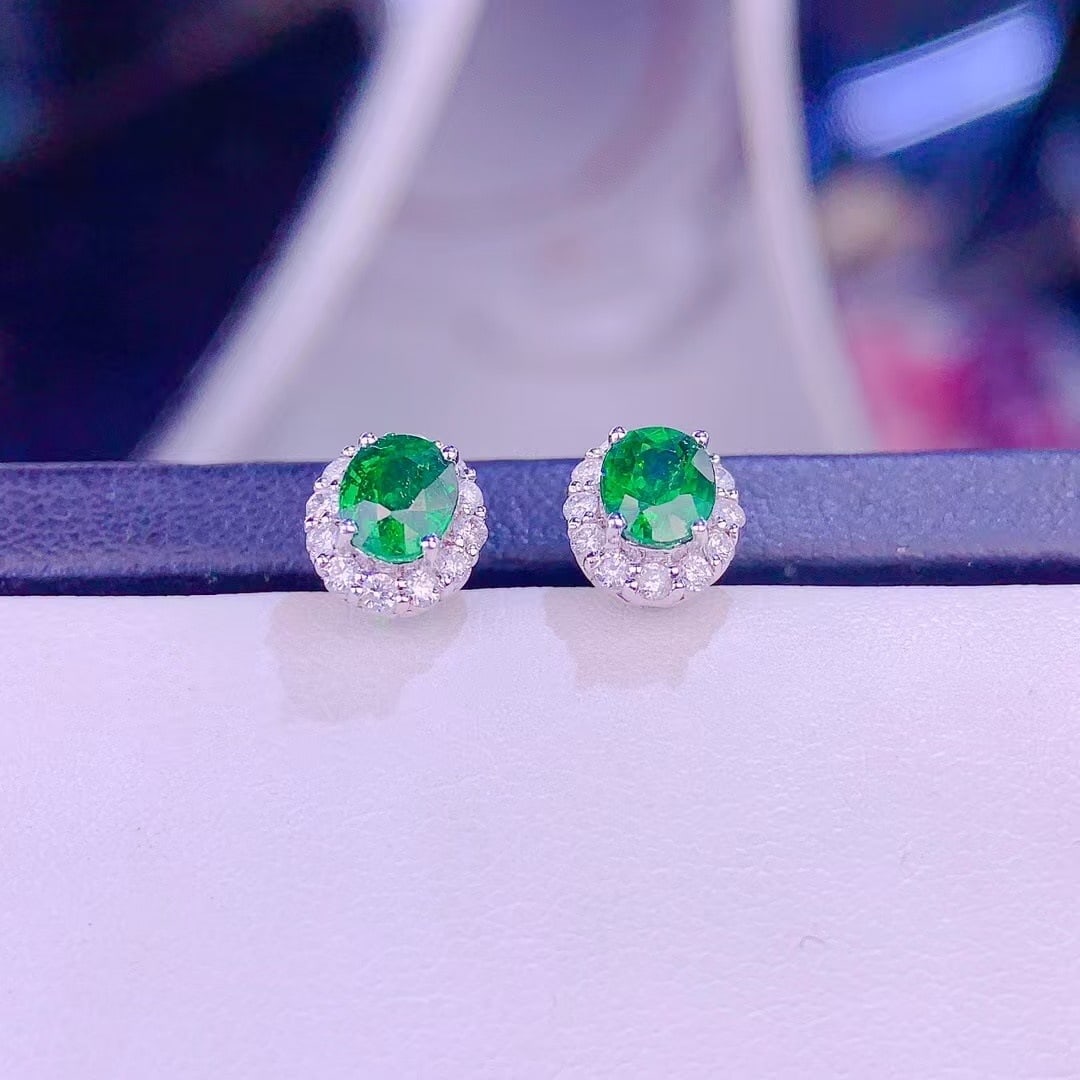 14k Gold 1.5 Ct Vivid Green Natural Tsavorite & Diamond Earrings - 6