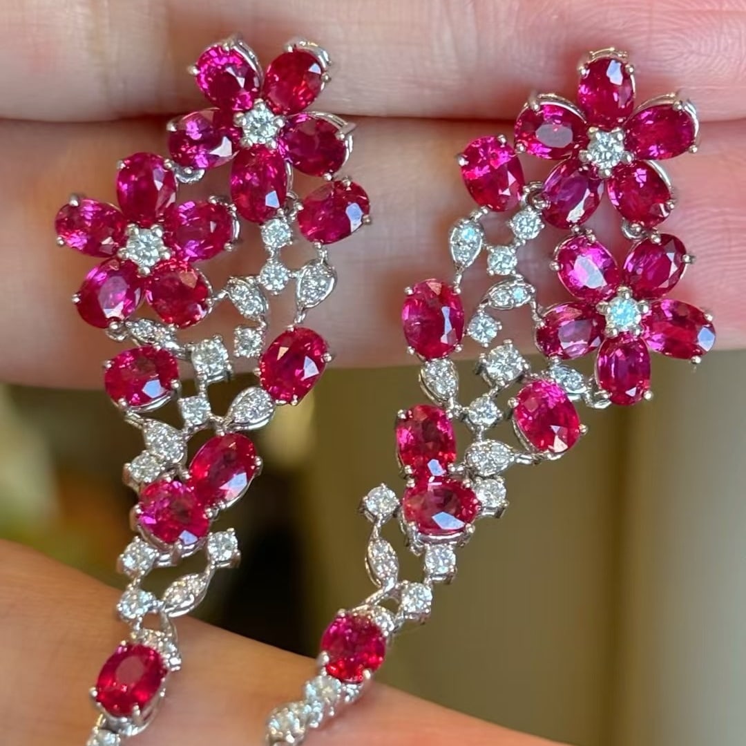 14k Gold 8.2 Ct Natural Ruby & Diamond Earrings - 3