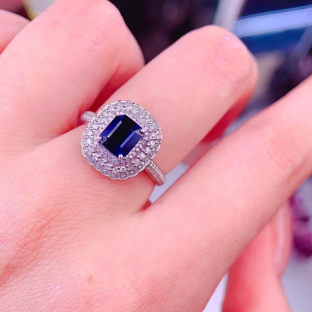 14k Gold 1.62 Ct Vivid Blue Natural Sapphire & Diamond Ring - 5
