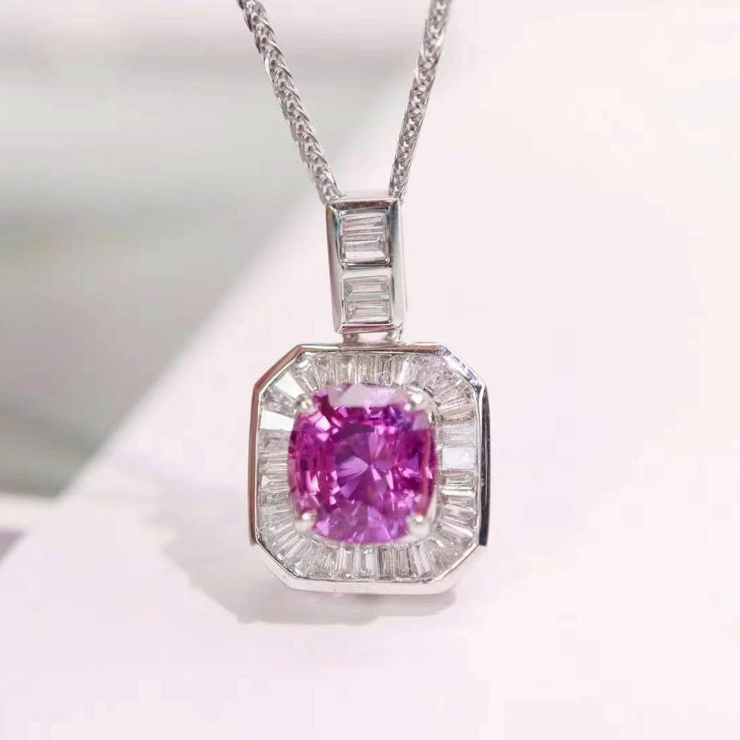 14k Gold 1.35 Ctw Natural Sapphire & Diamond Pendant( Without Chain ): Ref:230999219 // gold content:14k gold // main gemstone:sapphire // shape:cushion // carat weight:1. 15ct // color:purple // treatment:natural // // adjacent gemstone 2 : diamond // shape:baguette //