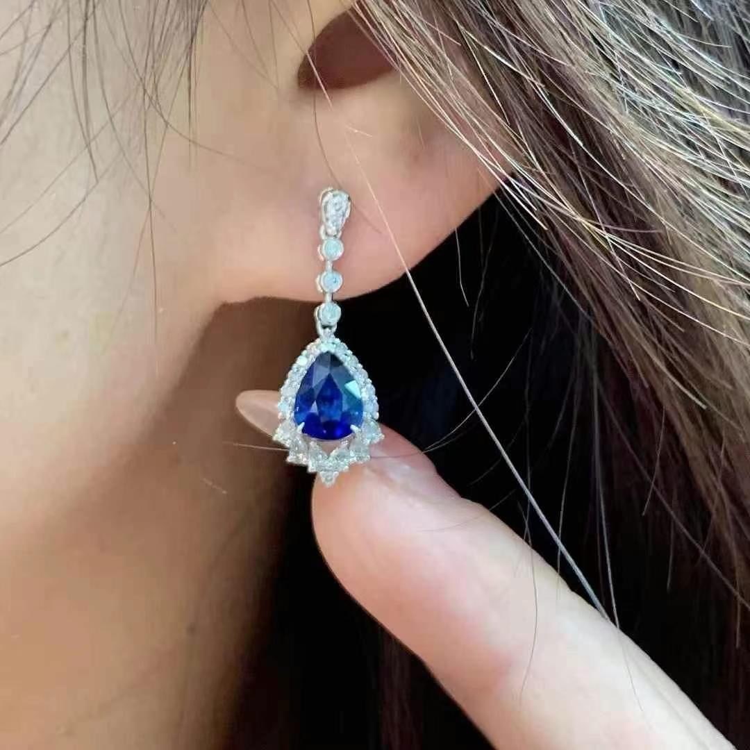 14k Gold 3.64 Ctw Natural Sapphire & Diamond Earrings - 4