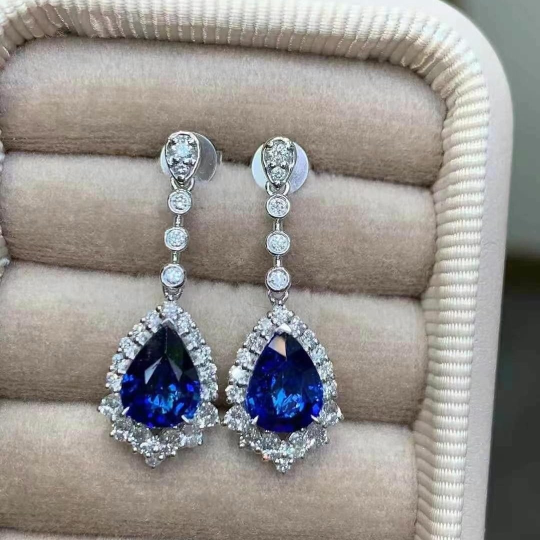 14k Gold 3.64 Ctw Natural Sapphire & Diamond Earrings - 5