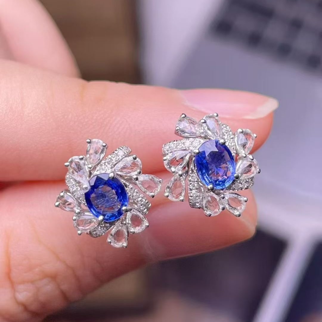 14k Gold 1.2 Ct Natural Sapphire & Diamond & Sapphire Earrings - 2
