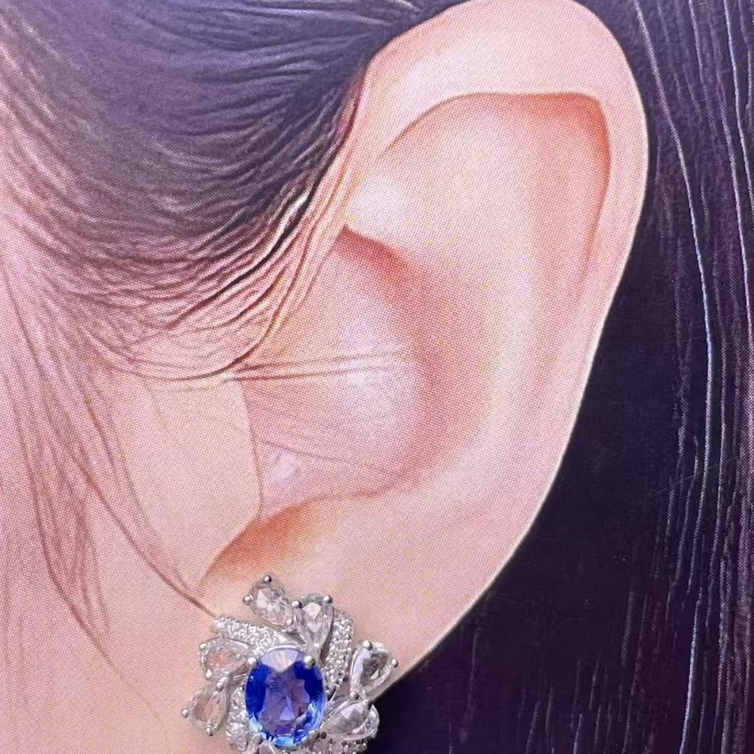 14k Gold 1.2 Ct Natural Sapphire & Diamond & Sapphire Earrings - 3