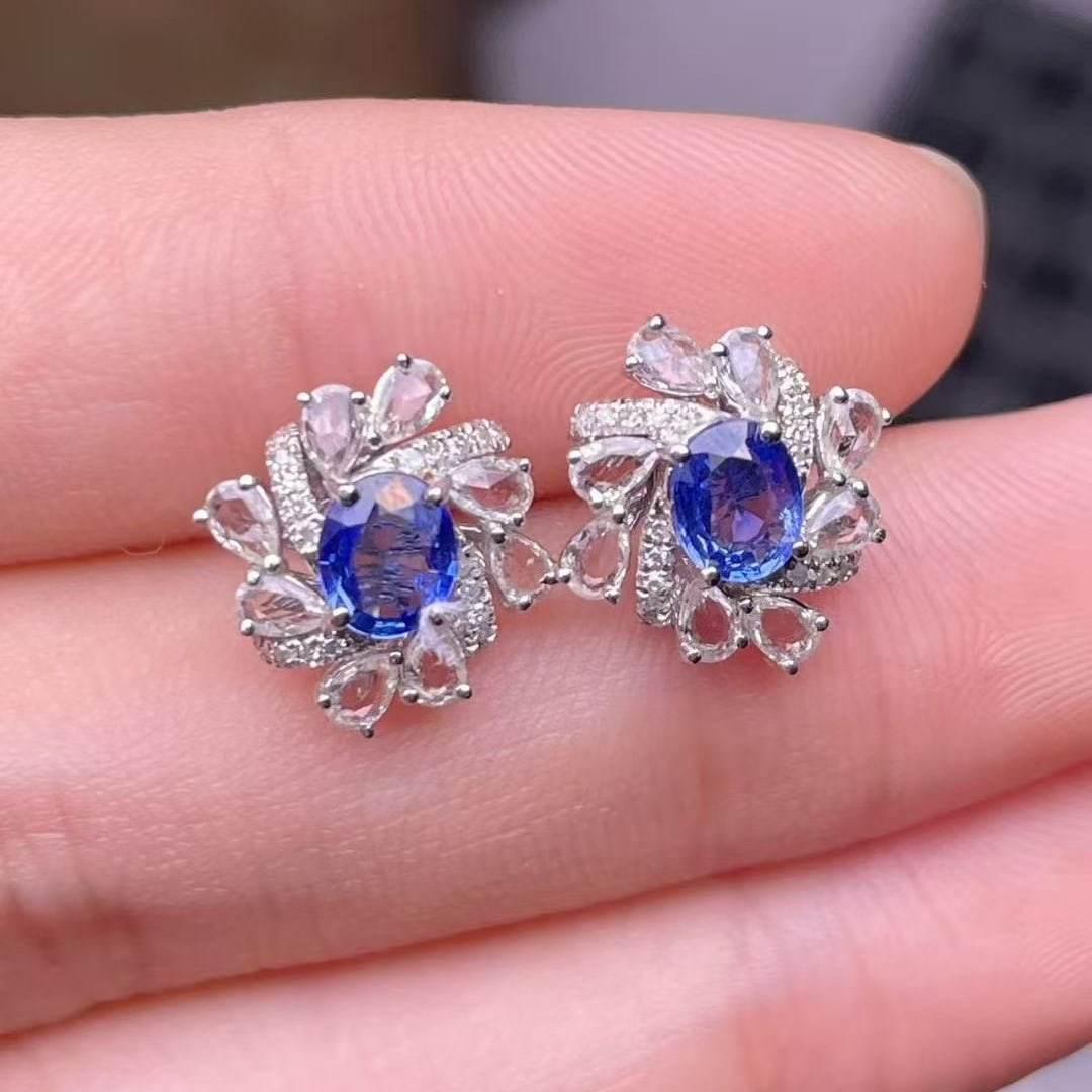14k Gold 1.2 Ct Natural Sapphire & Diamond & Sapphire Earrings - 4
