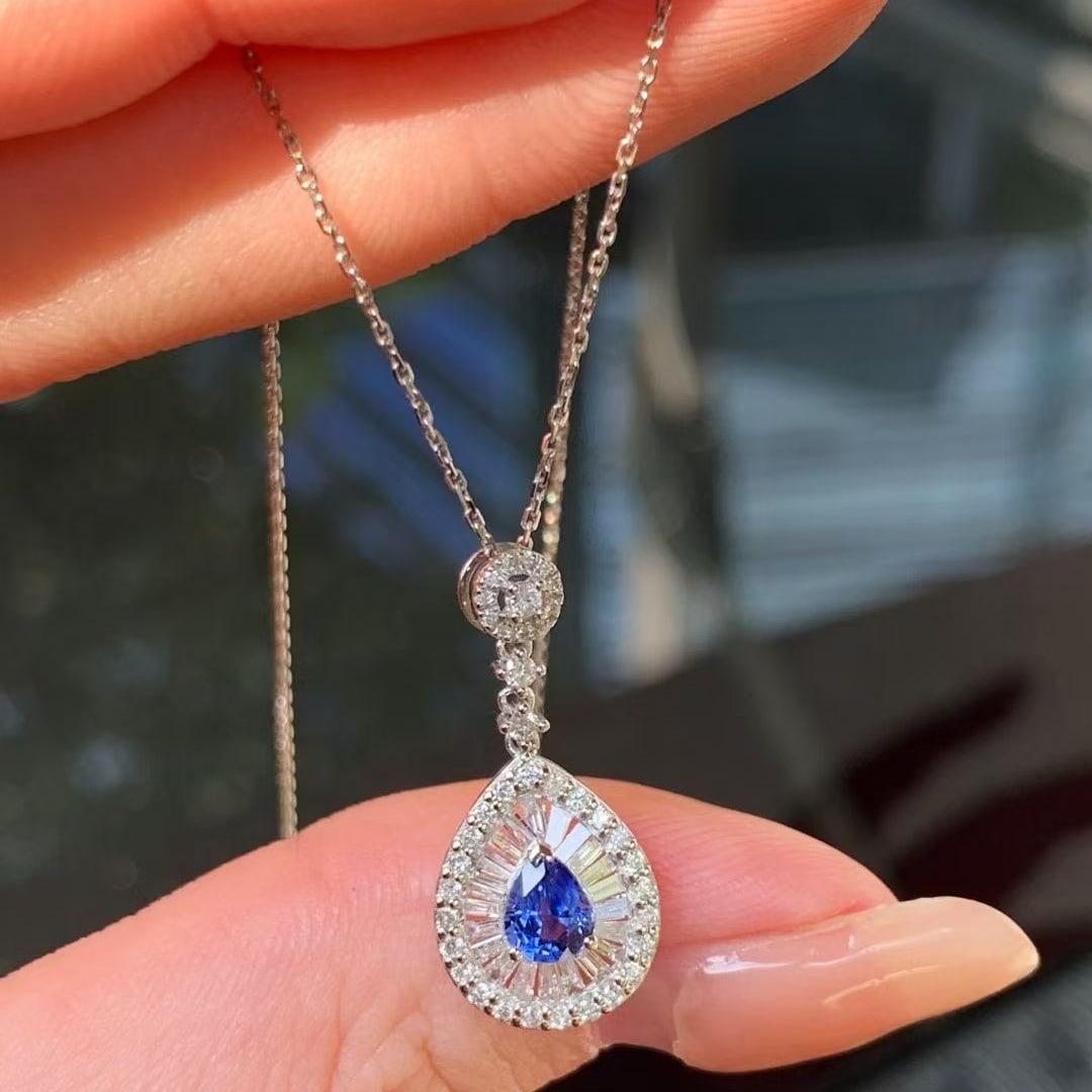 14k Gold 1.00 Ctw Natural Sapphire & Diamond Pendant( Without Chain ) - 2