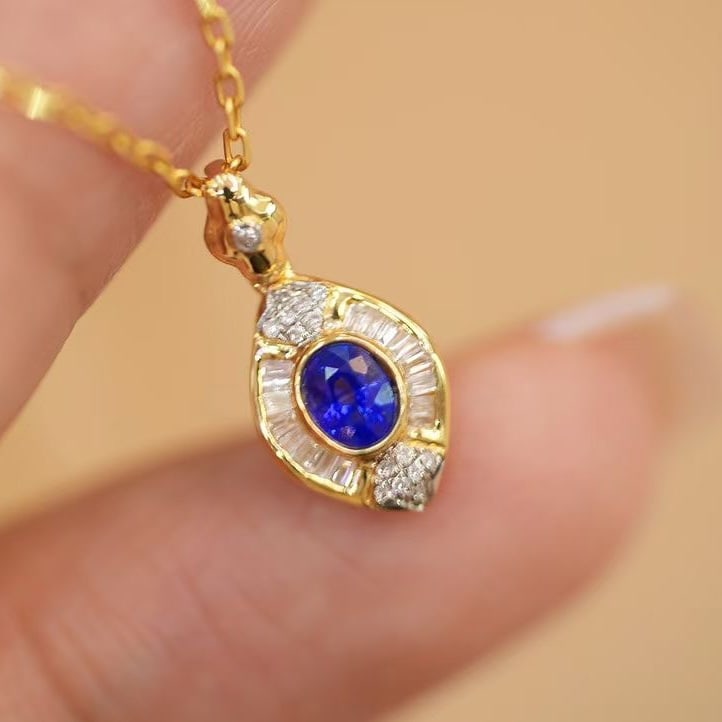 14k Gold 0.25 Ct Natural Sapphire & Diamond Pendant( Without Chain ): Ref:230999238 // gold content:14k gold // main gemstone:sapphire // shape:oval // carat weight:0. 25ct // color:royal blue // treatment:natural // // adjacent gemstone 2 : diamond // shape:multiply