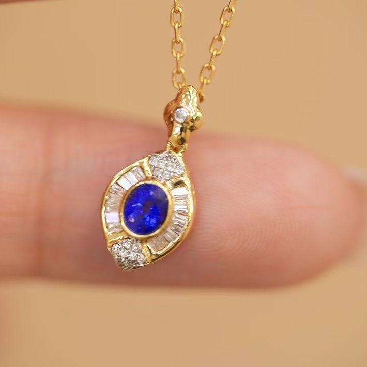 14k Gold 0.25 Ct Natural Sapphire & Diamond Pendant( Without Chain ) - 2