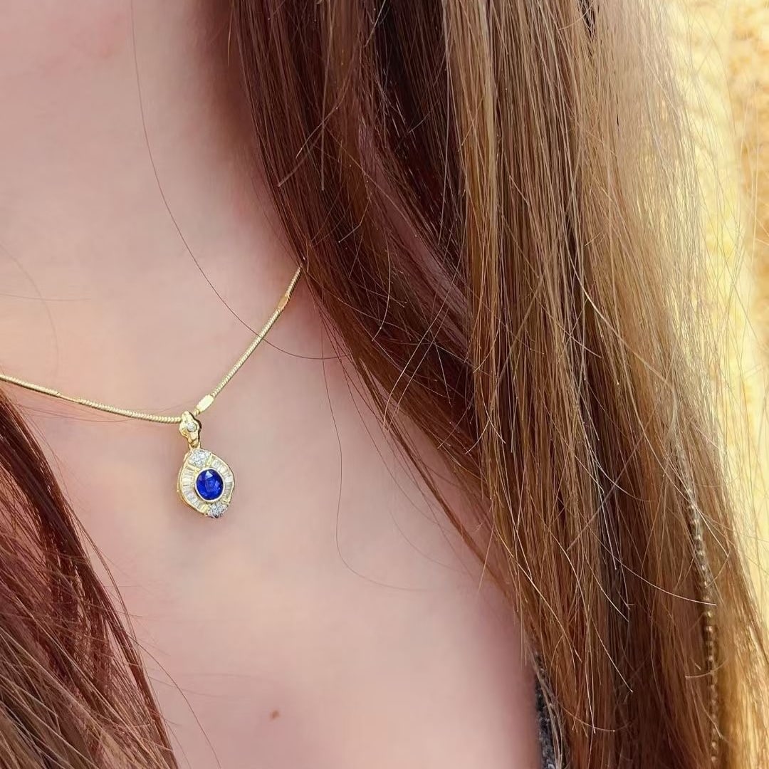 14k Gold 0.25 Ct Natural Sapphire & Diamond Pendant( Without Chain ) - 3