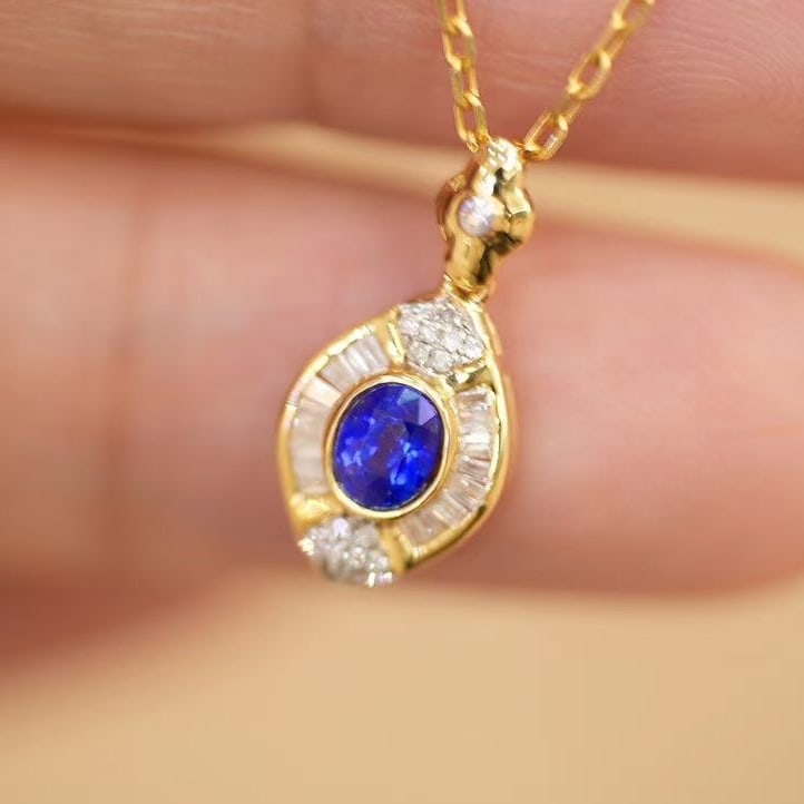 14k Gold 0.25 Ct Natural Sapphire & Diamond Pendant( Without Chain ) - 7