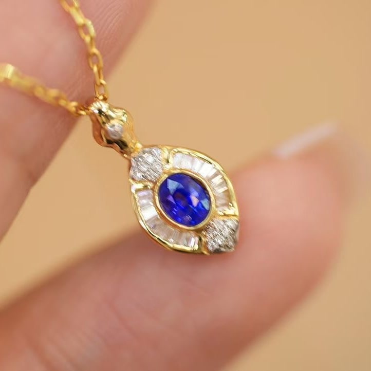 14k Gold 0.25 Ct Natural Sapphire & Diamond Pendant( Without Chain ) - 8