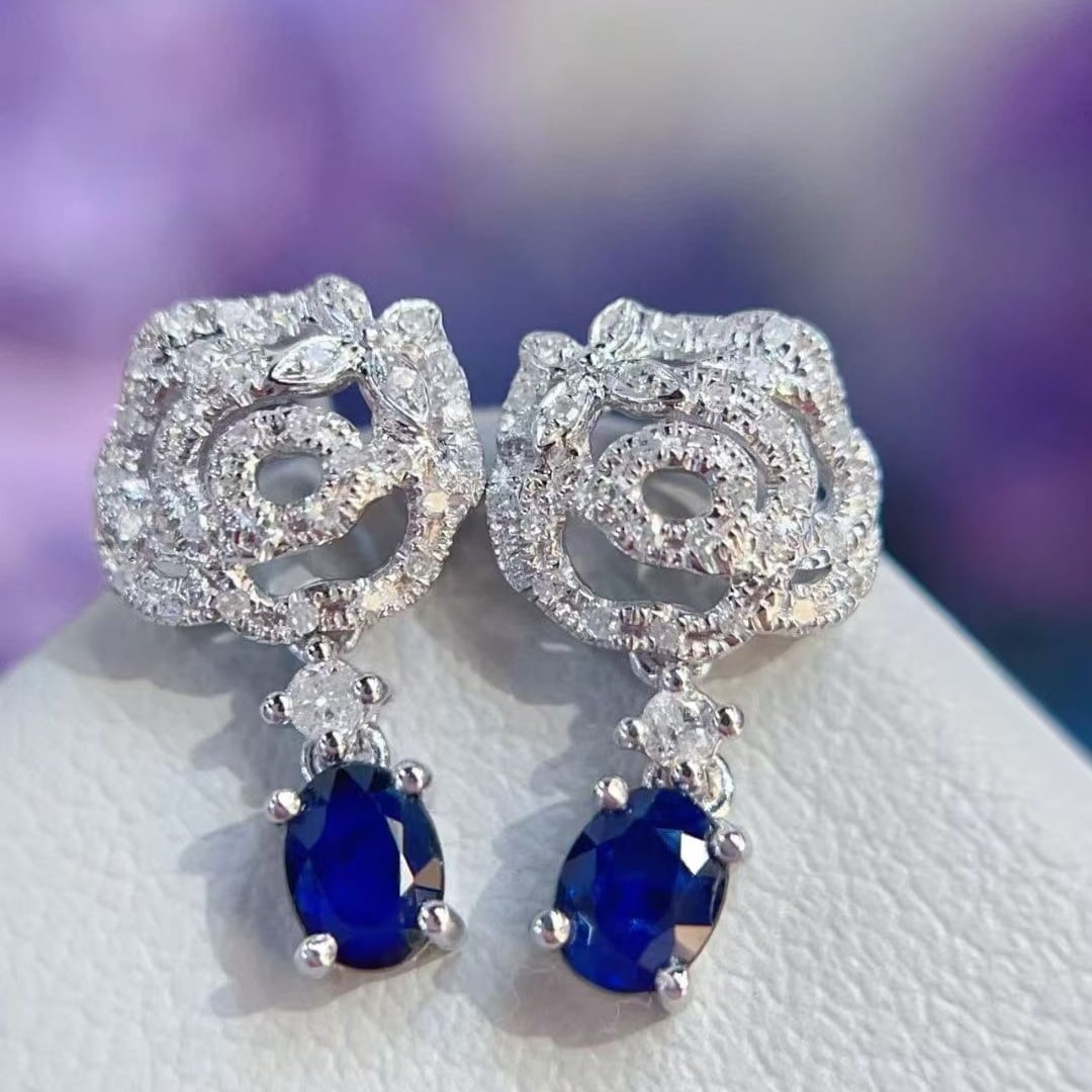 14k Gold 0.5 Ct Natural Sapphire & Diamond Earrings - 2