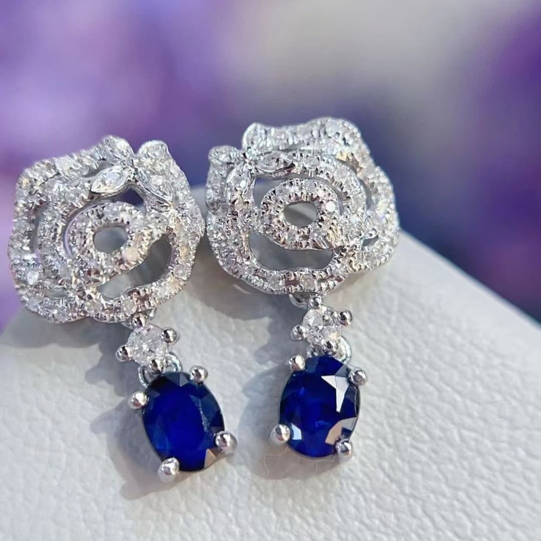14k Gold 0.5 Ct Natural Sapphire & Diamond Earrings - 3