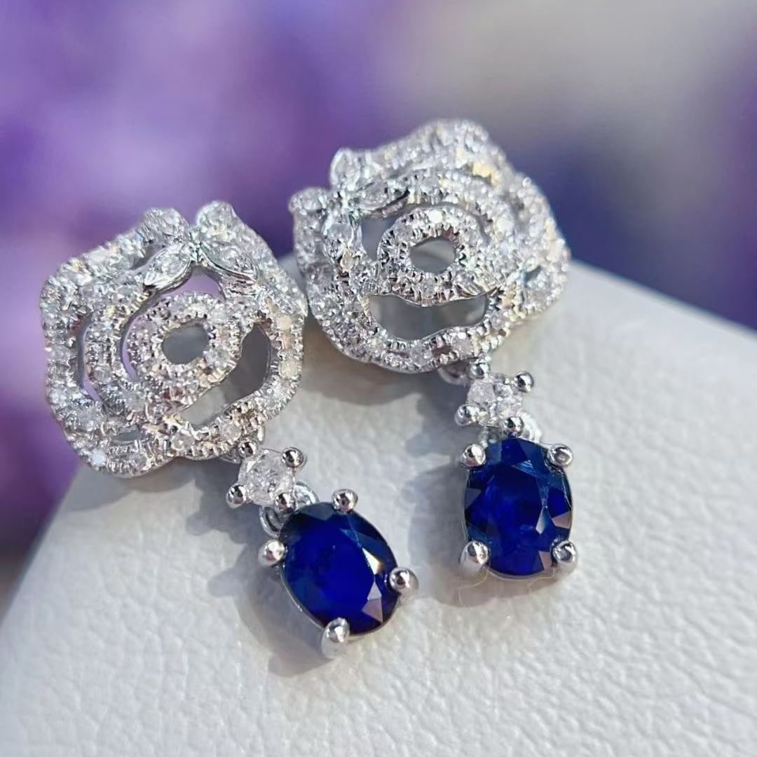 14k Gold 0.5 Ct Natural Sapphire & Diamond Earrings - 4