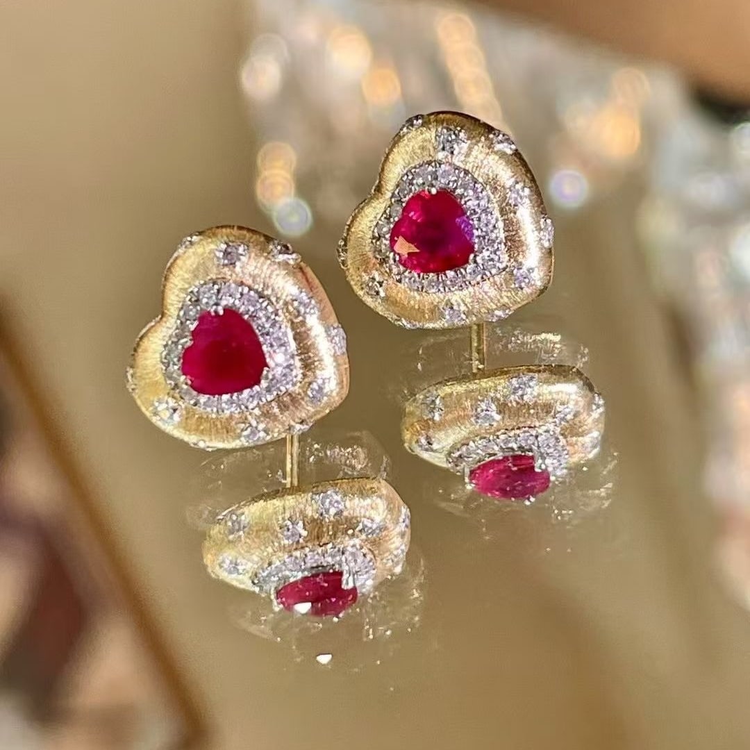 14k Gold 1.01 Ctw Natural Ruby & Diamond Earrings: Ref:230999241 // gold content:14k gold // main gemstone:ruby // shape:heart // carat weight:0. 83ct // color:red // treatment:natural // // adjacent gemstone 2 : diamond // shape:round // carat
