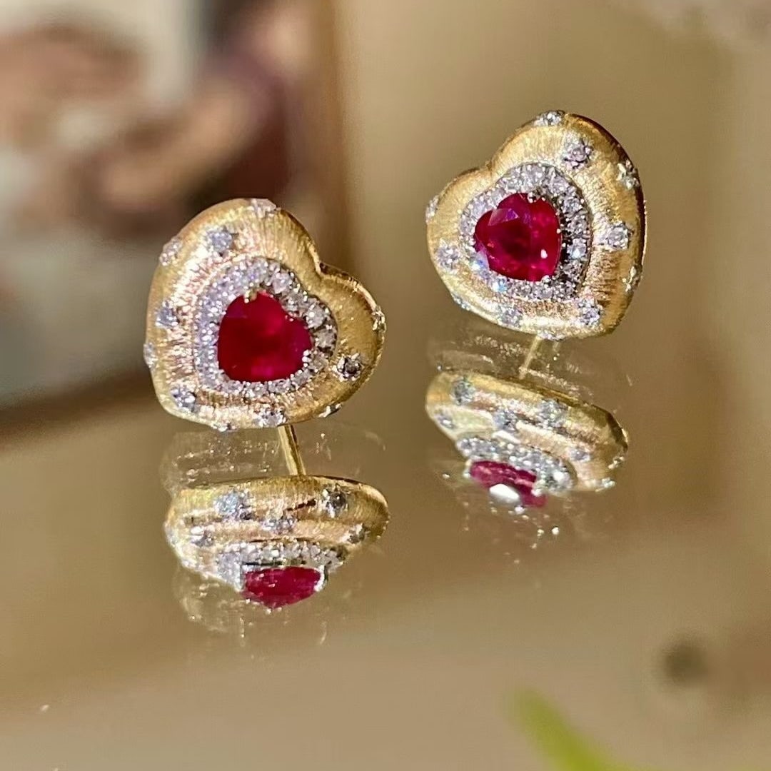 14k Gold 1.01 Ctw Natural Ruby & Diamond Earrings - 2