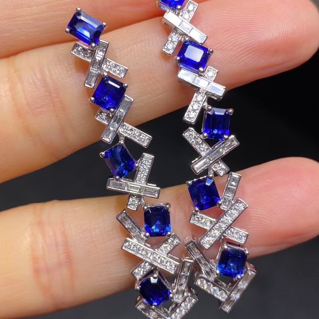 14k Gold 3.63 Ct Vivid Blue Natural Sapphire & Diamond Earrings - 2