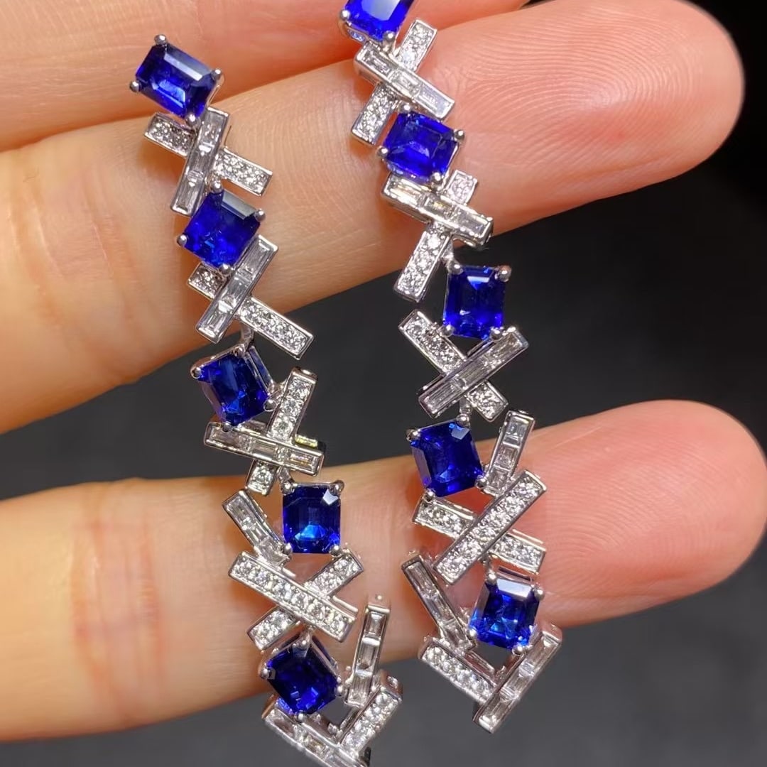 14k Gold 3.63 Ct Vivid Blue Natural Sapphire & Diamond Earrings - 3