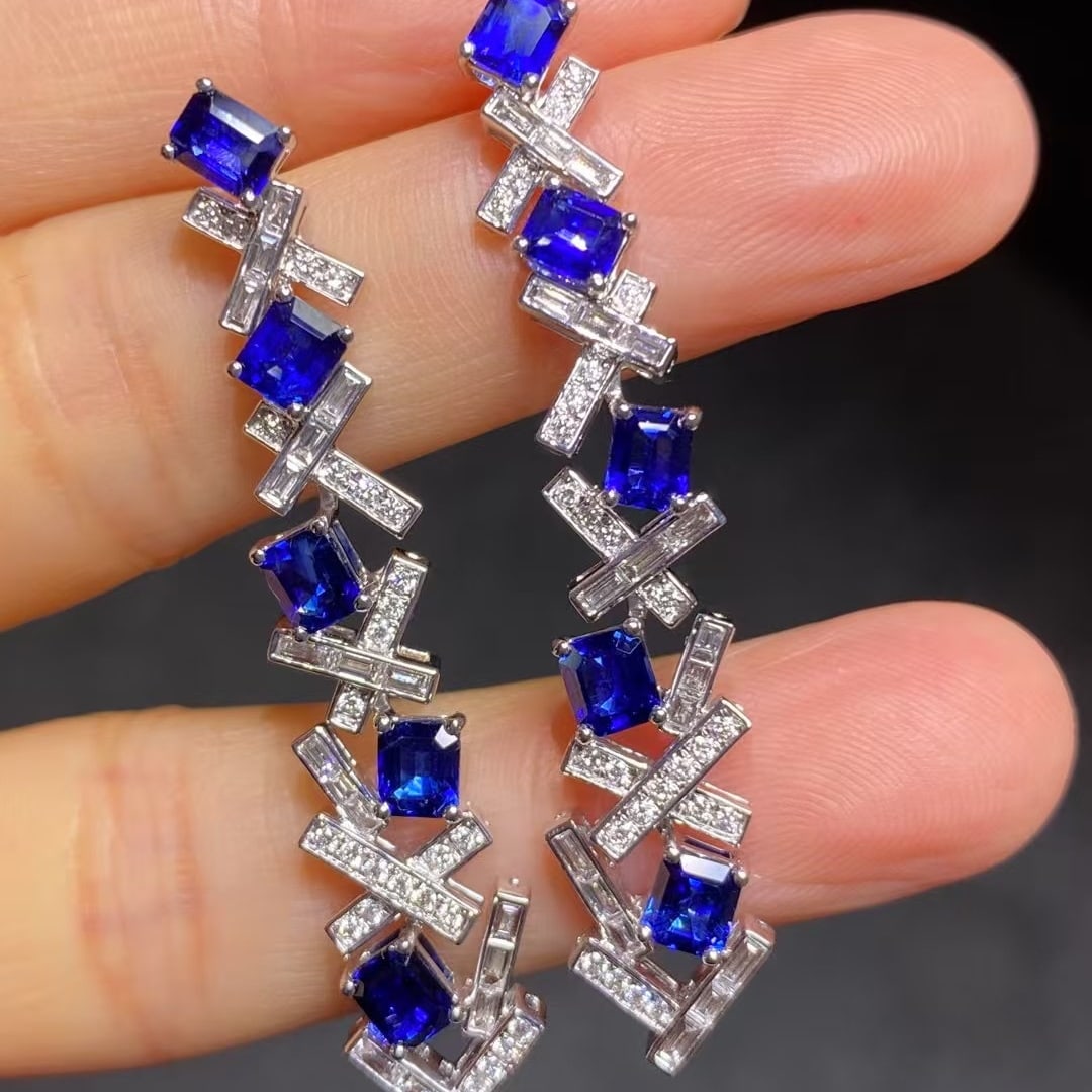 14k Gold 3.63 Ct Vivid Blue Natural Sapphire & Diamond Earrings - 4