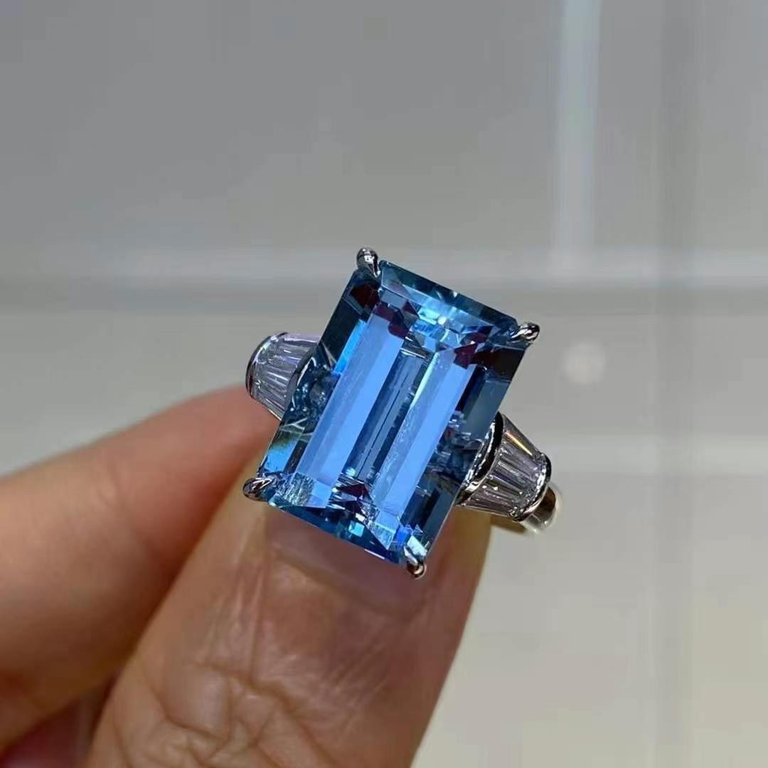 14k Gold 7.88 Ct Natural Aquamarine & Diamond Ring - 2