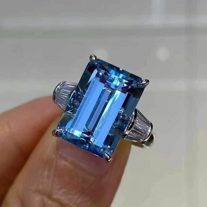 14k Gold 7.88 Ct Natural Aquamarine & Diamond Ring - 6