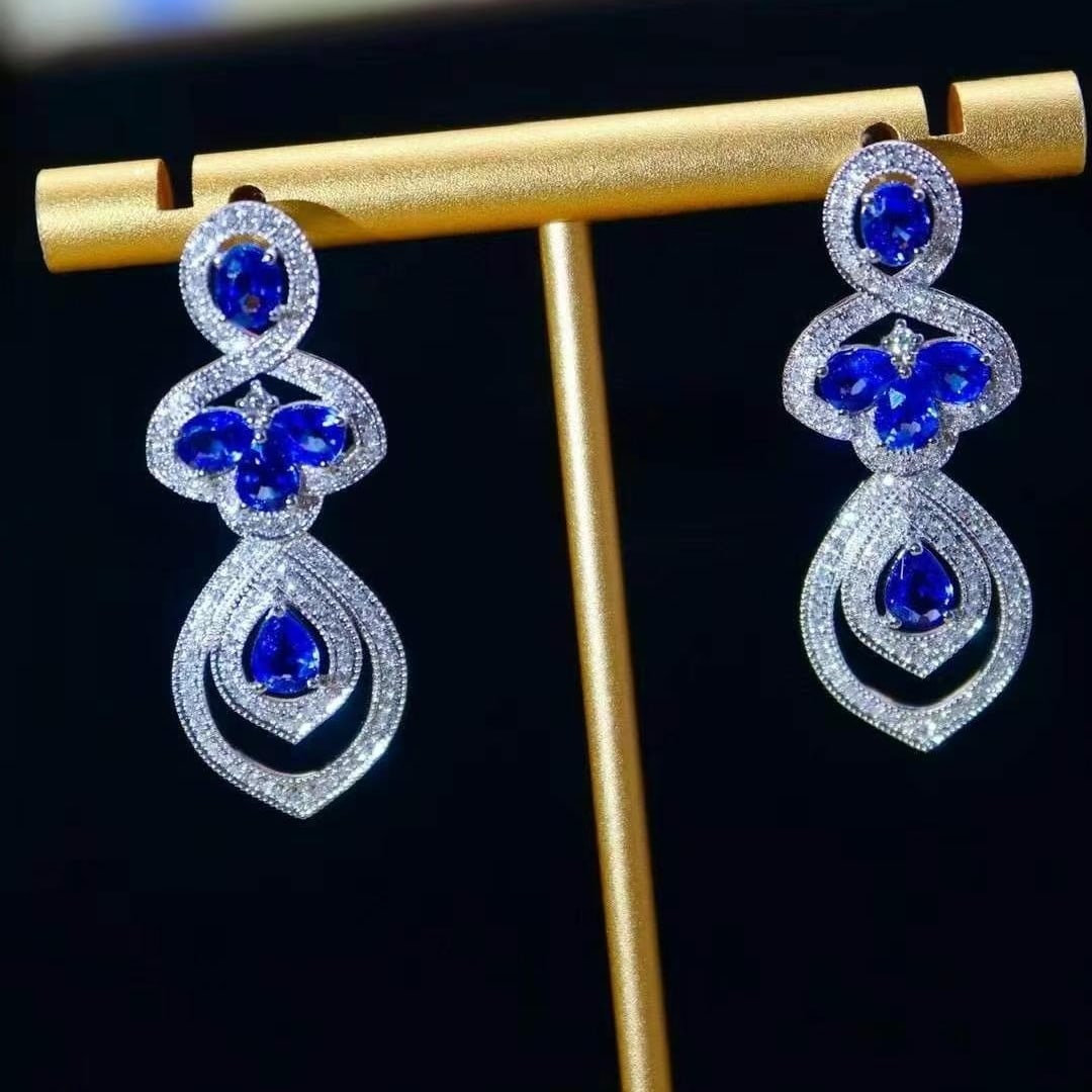 14k Gold 5.54 Ctw Natural Sapphire & Diamond Earrings - 2