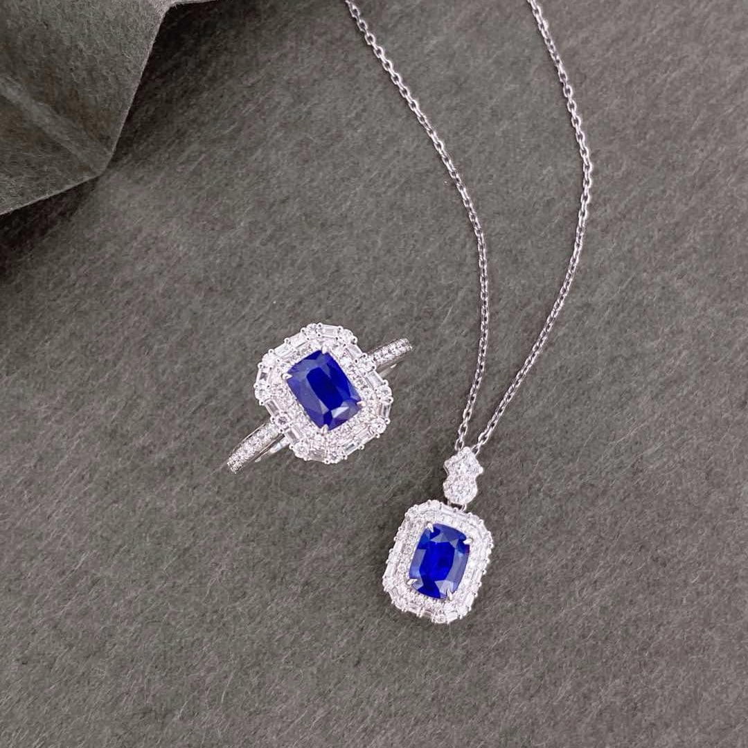 14k Gold 2.79 Ctw Natural Sapphire & Diamond Jewelry Set: Ref:231000004 // gold content:14k gold // ring size:7. 25us // // ring // main gemstone:sapphire // shape:cushion // carat weight:1. 09ct // color:royal blue // treatment:natural // // adjacent gemsto