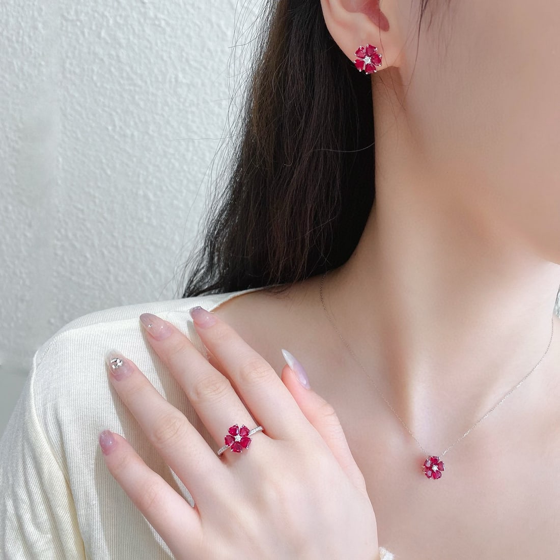 14k Gold 4.12 Ctw Natural Ruby & Diamond Jewelry Set - 2
