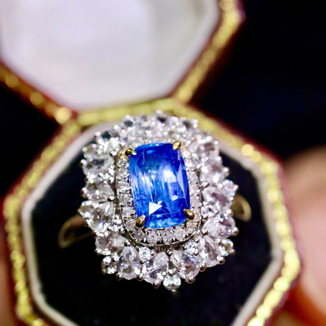 14k Gold 1.44 Ctw Natural Sapphire & Diamond Ring: Ref:231000022 // gold content:14k gold // ring size:7. 25us // // main gemstone:sapphire // shape:cushion // carat weight:1. 33ct // color:blue // treatment:natural // // adjacent gemstone 2 :