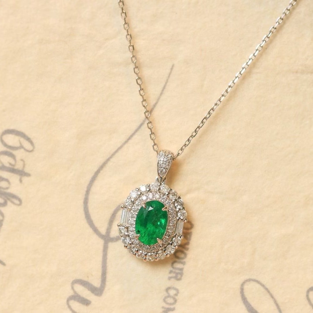 14k Gold 1.16 Ctw Vivid Green Natural Emerald & Diamond Pendant( Without Chain ) - 4