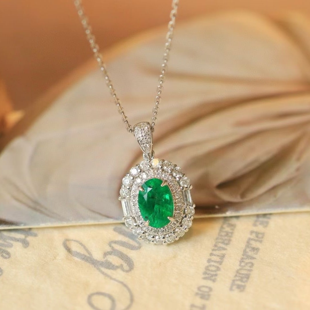 14k Gold 1.16 Ctw Vivid Green Natural Emerald & Diamond Pendant( Without Chain ) - 5