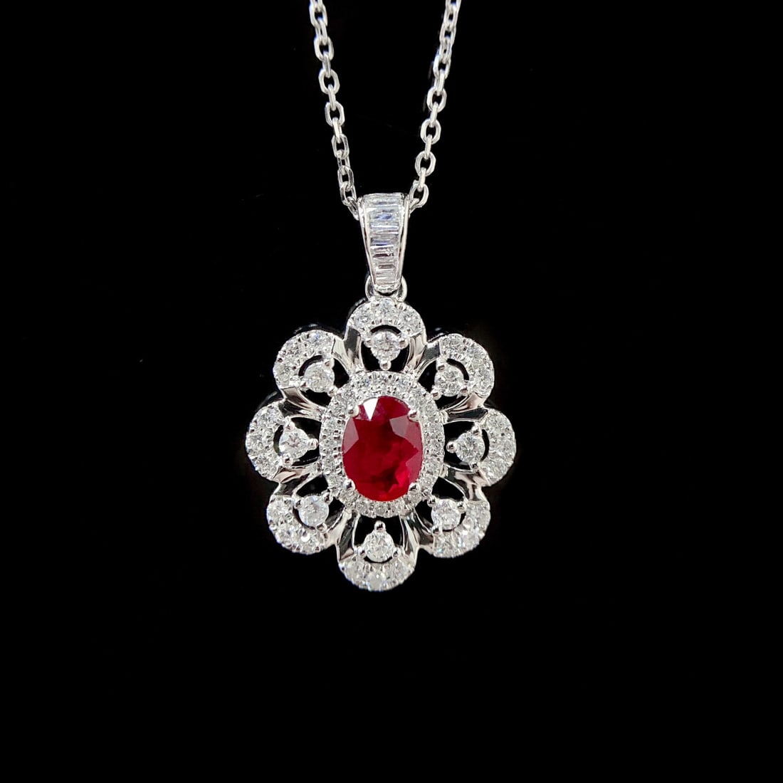14k Gold 0.74 Ctw Natural Ruby & Diamond Pendant( Without Chain ): Ref:231000037 // gold content:14k gold // main gemstone:ruby // shape:oval // carat weight:0. 45ct // color:pigeonblood red // treatment:natural // // adjacent gemstone 2 : diamond // shape:multiply