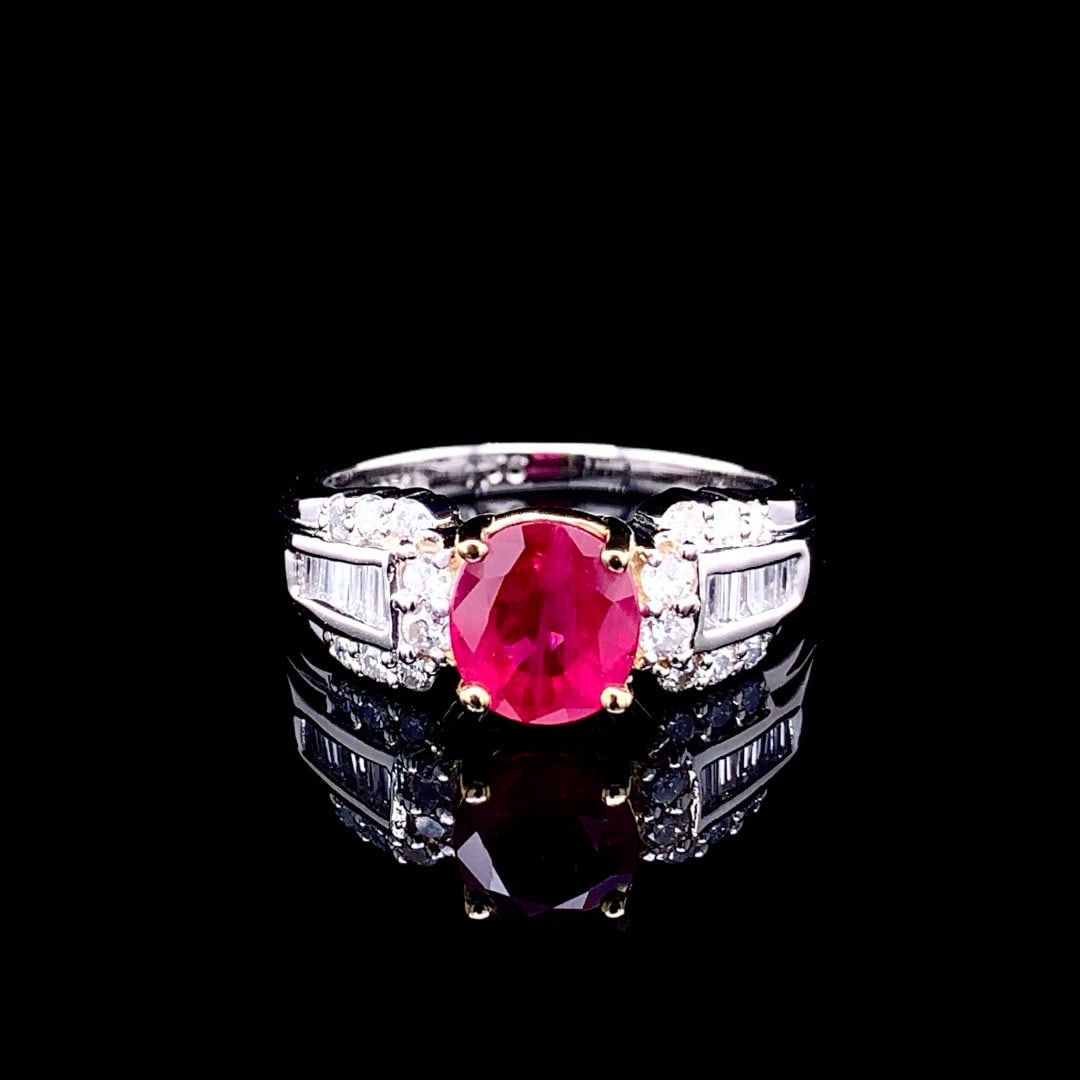 14k Gold 1.97 Ctw Natural Ruby & Diamond Ring: Ref:231000057 // gold content:14k gold // ring size:7. 25us // // main gemstone:ruby // shape:oval // carat weight:1. 56ct // color:red // treatment:natural // // adjacent gemstone 2 : diamond // shap