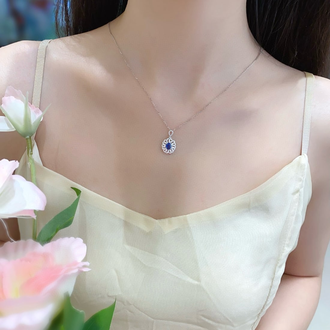 14k Gold 0.85 Ctw Natural Sapphire & Diamond Pendant( Without Chain ) - 2