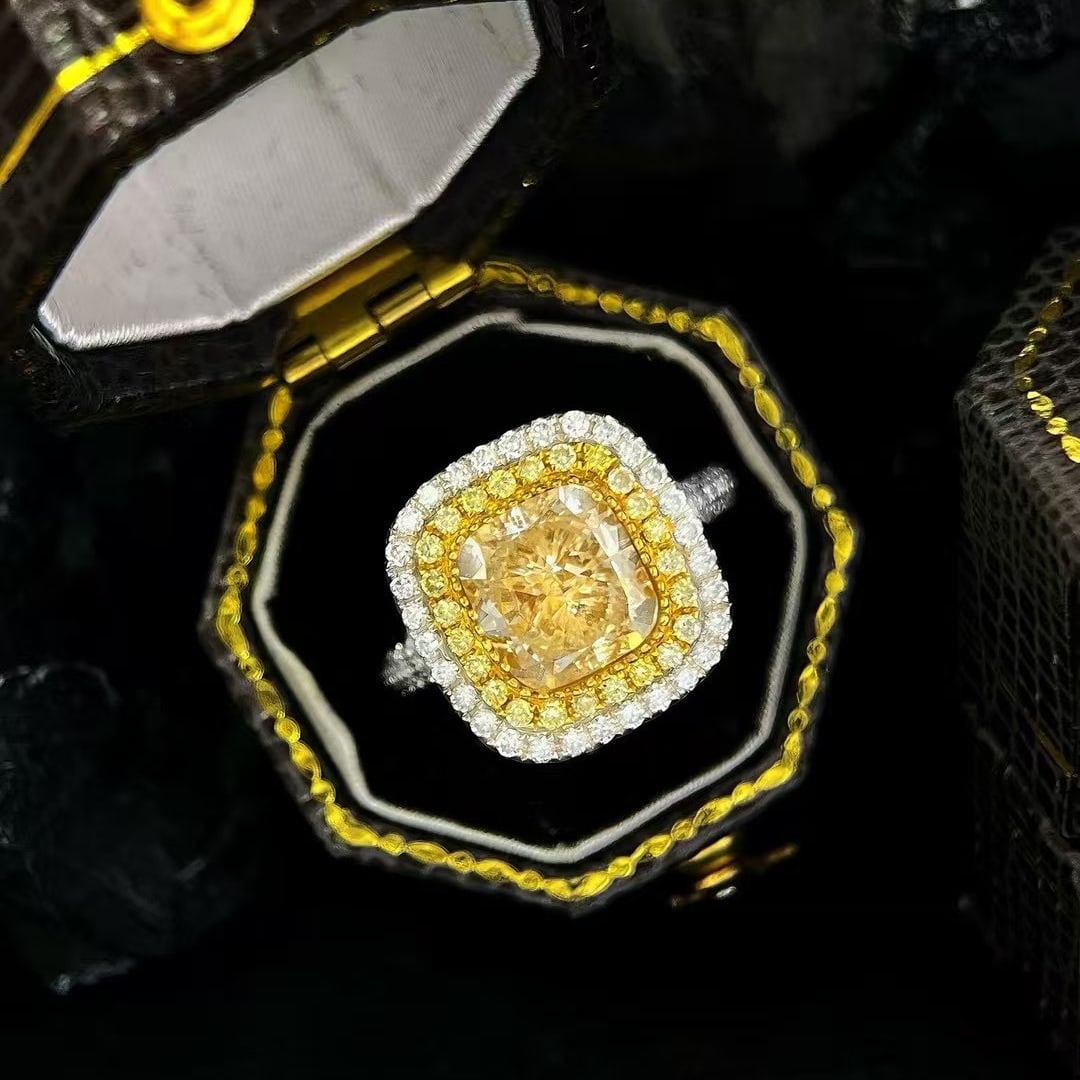 14k Gold 4.65 Ctw Natural Yellow Diamond & Diamond Ring: Ref:231000067 // gold content:14k gold // ring size:7. 25us // // main gemstone:yellow diamond // shape:cushion // carat weight:3. 05ct // color:yellow // treatment:natural // // adjacent gemstone 2