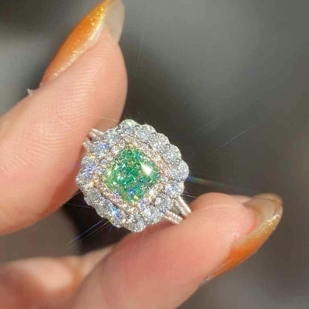 14k Gold 2.38 Ctw Natural Green Diamond & Diamond Ring/pendant( Without Chain ): Ref:231000068 // gold content:14k gold // ring size:7. 25us // // main gemstone:green diamond // shape:cushion // carat weight:1. 51ct // color:green // treatment:natural // // adjacent gemstone 2 :