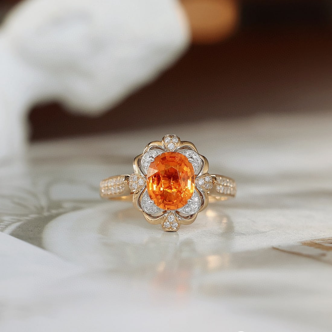 14k Gold 1.84 Ctw Natural Spessartine & Diamond Ring/pendant( Without Chain ): Ref:231000080 // gold content:14k gold // ring size:7. 25us // // main gemstone:spessartine // shape:oval // carat weight:1. 61ct // color:orange // treatment:natural // // adjacent gemstone 2 : diamo