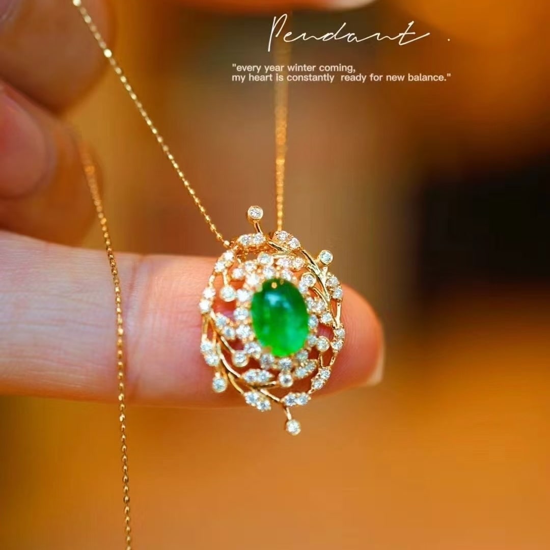 14k Gold 1.57 Ctw Vivid Green Natural Emerald & Diamond Pendant( Without Chain ): Ref:231000083 // gold content:14k gold // main gemstone:emerald // shape:oval // carat weight:1. 21ct // color:vivid green // treatment:natural // // adjacent gemstone 2 : diamond // shape:round //