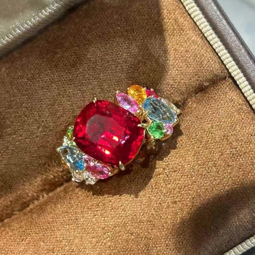 14k Gold 5.9 Ct Natural Tourmaline Ring: Ref:231000112 // gold content:14k gold // ring size:7. 25us // // main gemstone:tourmaline // shape:cushion // carat weight:5. 9ct // color:red // treatment:natural // Condition: New Low Estimate: