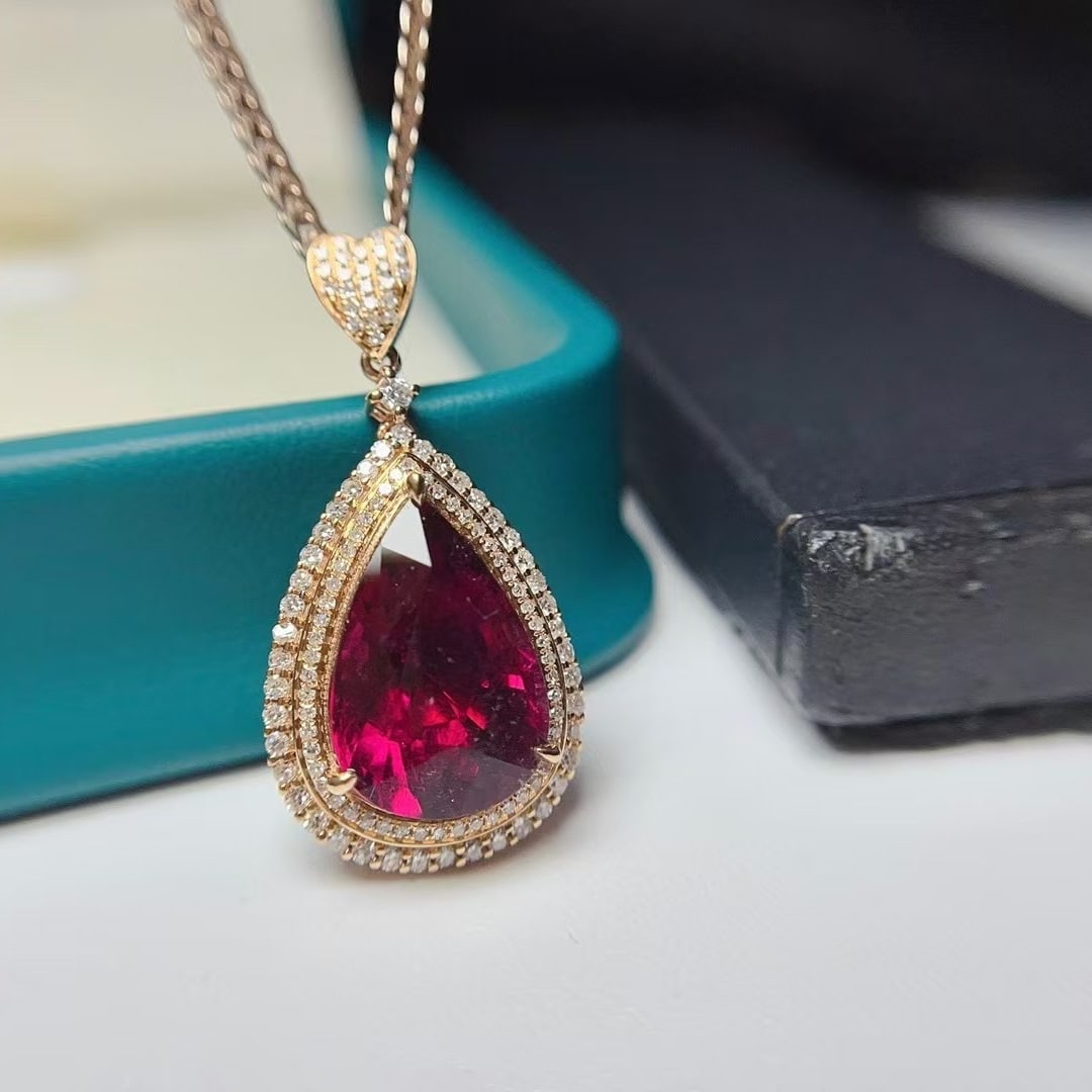 14k Gold 4.85 Ct Natural Tourmaline & Diamond Pendant( Without Chain ) - 2
