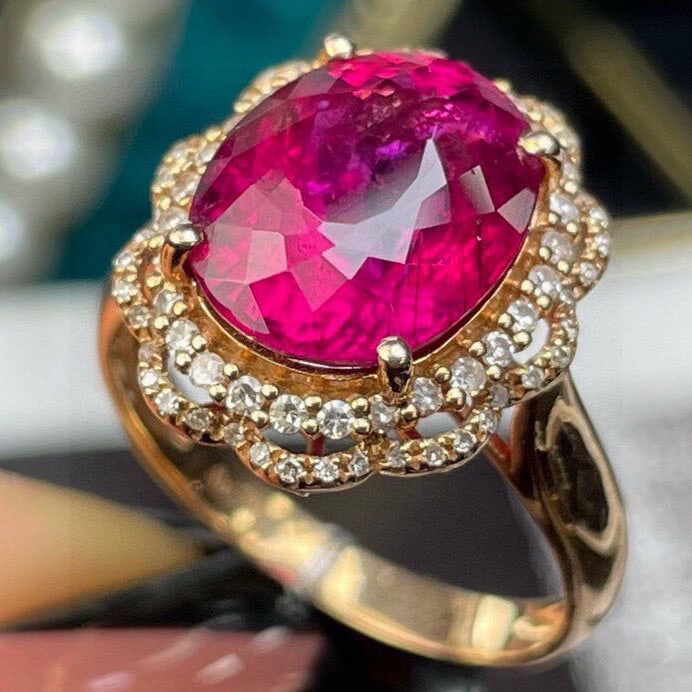 14k Gold 5.78 Ct Natural Tourmaline & Diamond Ring - 3