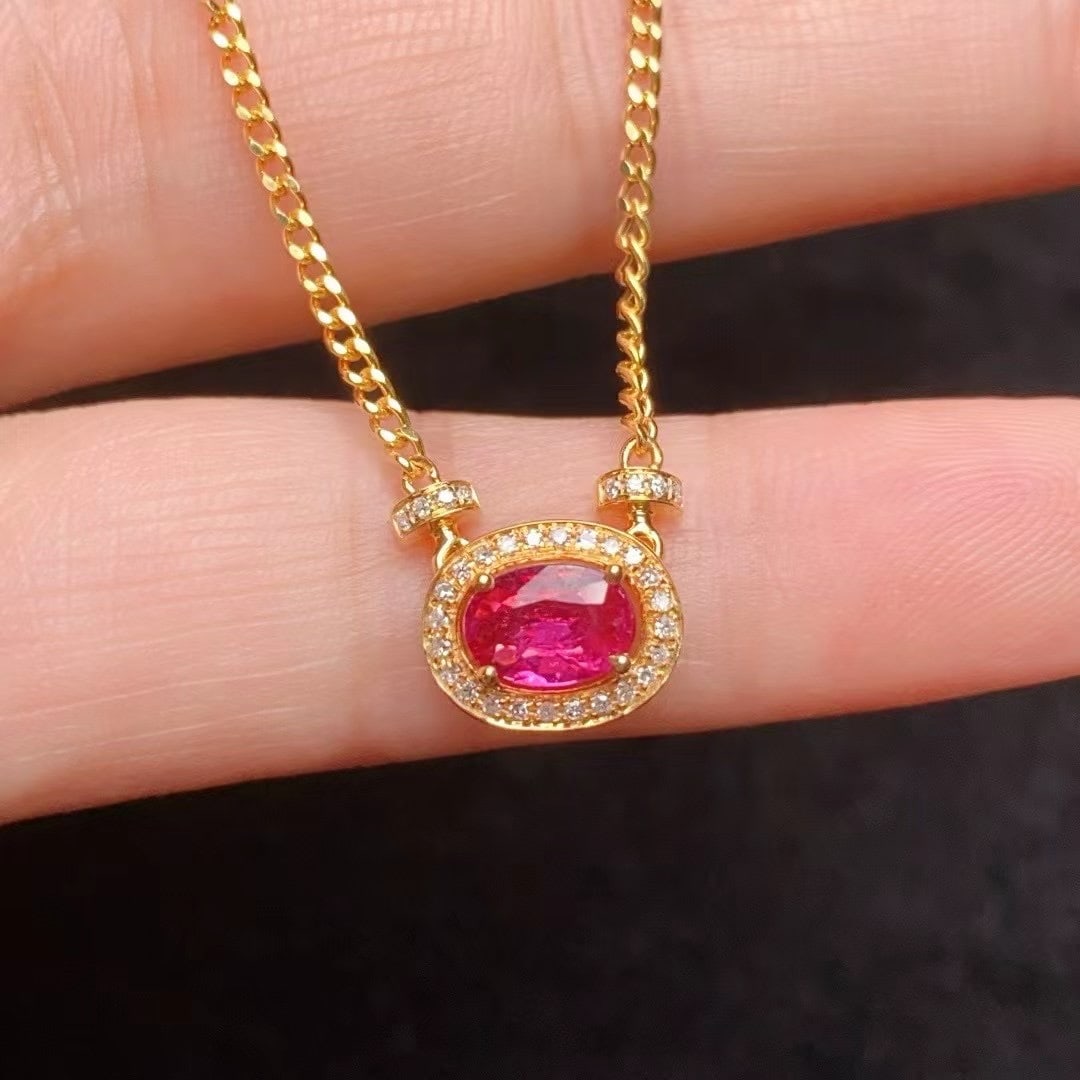 14k Gold 1.1 Ct Natural Ruby & Diamond Necklace: Ref:231000157 // gold content:14k gold // main gemstone:ruby // shape:oval // carat weight:1. 1ct // color:red // treatment:natural // // adjacent gemstone 2 : diamond // number of stones:32 // shape: